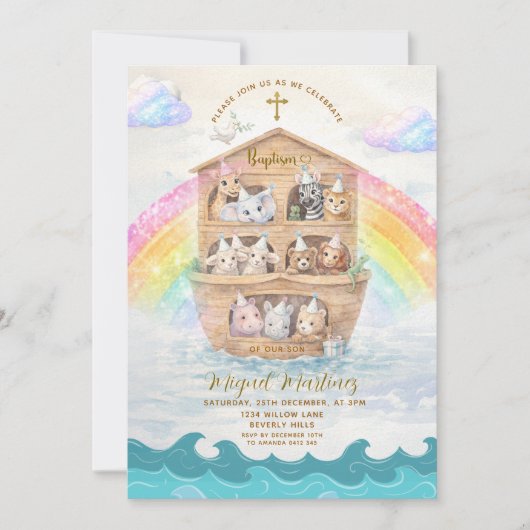 Noah’s Ark Baptism Invitation | Baby Animals 招待状 (正面)