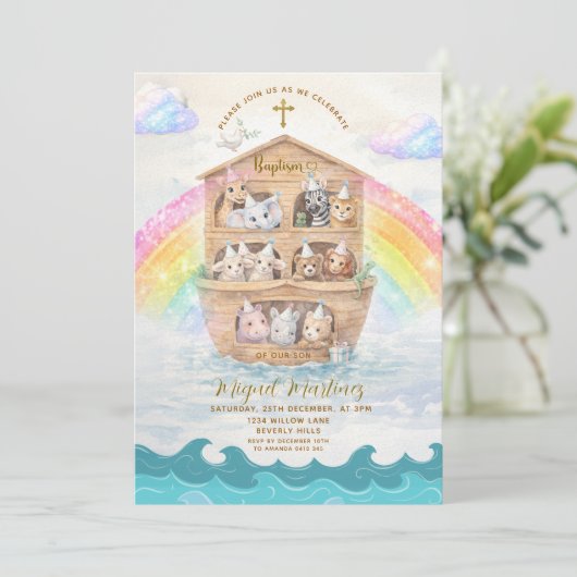 Noah’s Ark Baptism Invitation | Baby Animals 招待状 (スタンド正面)