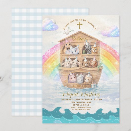 Noah’s Ark Baptism Invitation | Baby Animals 招待状 (正面/裏面)