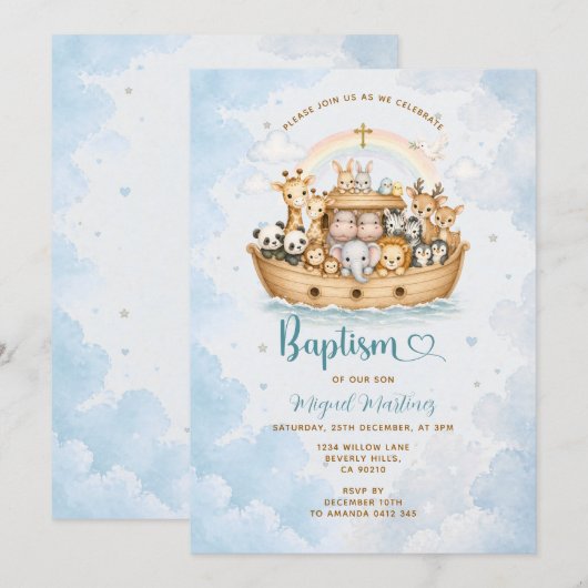 Noah’s Ark Baptism Invitation Boy 招待状 (正面/裏面)