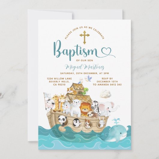 Noah's Ark Baptism Christening Adventure Cross 招待状 (正面)