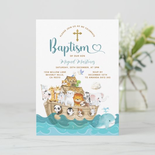 Noah's Ark Baptism Christening Adventure Cross 招待状 (スタンド正面)