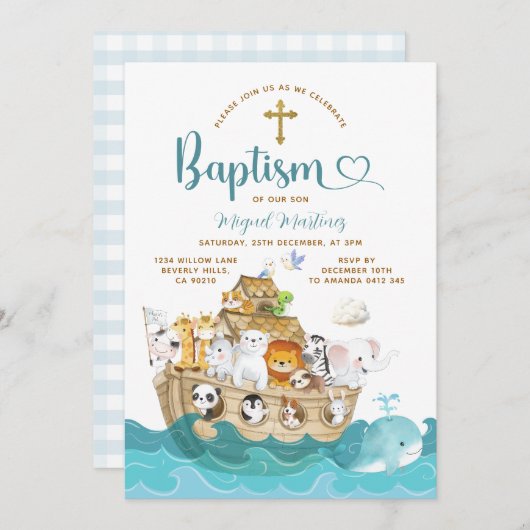 Noah's Ark Baptism Christening Adventure Cross 招待状 (正面/裏面)