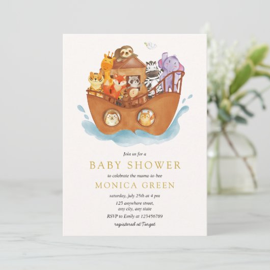 Noah's Ark Bible Story Animals Baby Shower 招待状 (スタンド正面)