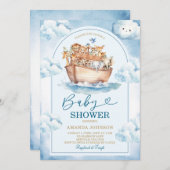  Noah's Ark Blue Watercolor Baby Shower 招待状 (正面/裏面)