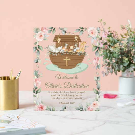 Noah's Ark Pink Floral Dedications Christening アクリルサイン (ウェディング)