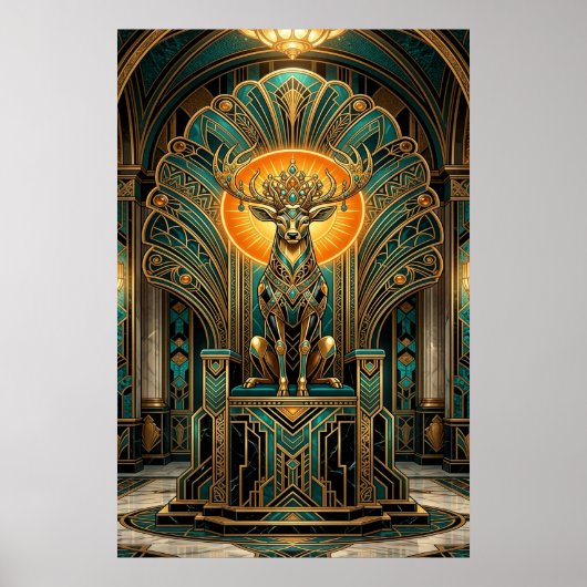 Noble Art Deco Stag Deer Golden Silhouette ポスター (正面)