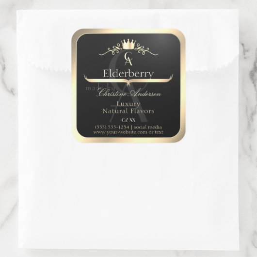 Noble Black Product Label with Gold Frame Monogram スクエアシール (バッグ)