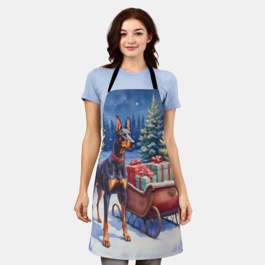Noble Doberman Guarding Christmas Sleigh Winter エプロン (着用した状態)