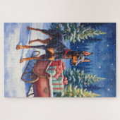 Noble Doberman Guarding Christmas Sleigh Winter ジグソーパズル (横)