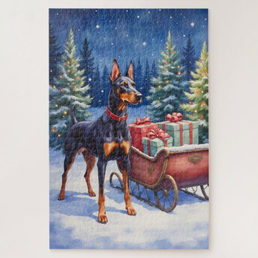 Noble Doberman Guarding Christmas Sleigh Winter ジグソーパズル (縦)