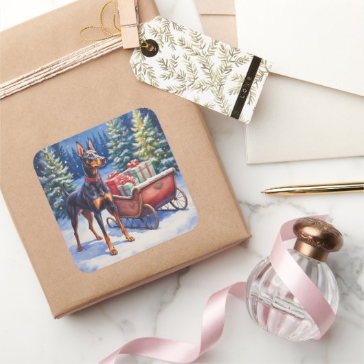 Noble Doberman Guarding Christmas Sleigh Winter スクエアシール (ギフト)