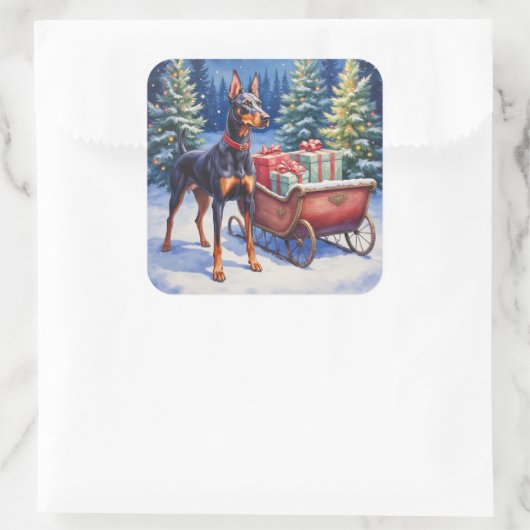 Noble Doberman Guarding Christmas Sleigh Winter スクエアシール (バッグ)