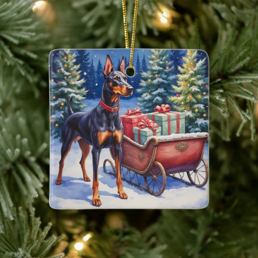 Noble Doberman Guarding Christmas Sleigh Winter セラミックオーナメント (ツリー)