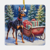 Noble Doberman Guarding Christmas Sleigh Winter セラミックオーナメント (正面)