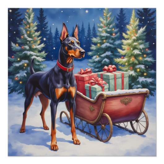 Noble Doberman Guarding Christmas Sleigh Winter ポスター (正面)