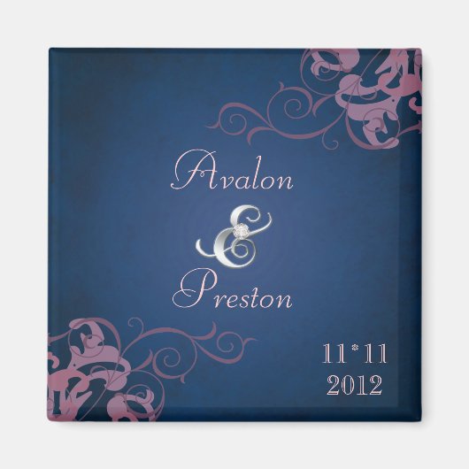 Noble Pink Scroll Blue Save The Date Magnet マグネット (正面)