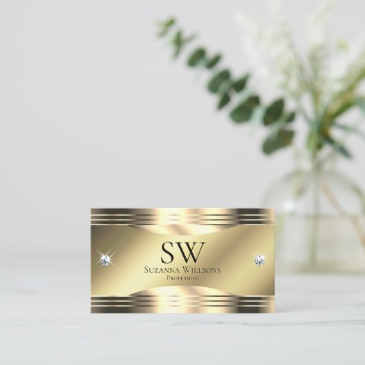 Noble Shimmery金ゴールド光沢ダイヤモンドモノグラム写真 名刺 (スタンド正面)