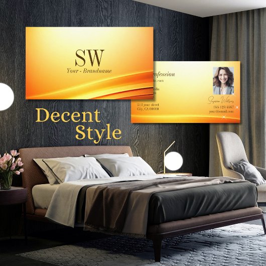 Noble Shimmery Orange Curved Decor Monogram写真 名刺