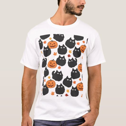 Nocturnal Cats with Pumpkins Pattern Tシャツ (正面)