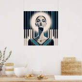 Nocturne in Teal: Art Deco Piano Portrait  ポスター (キッチン)