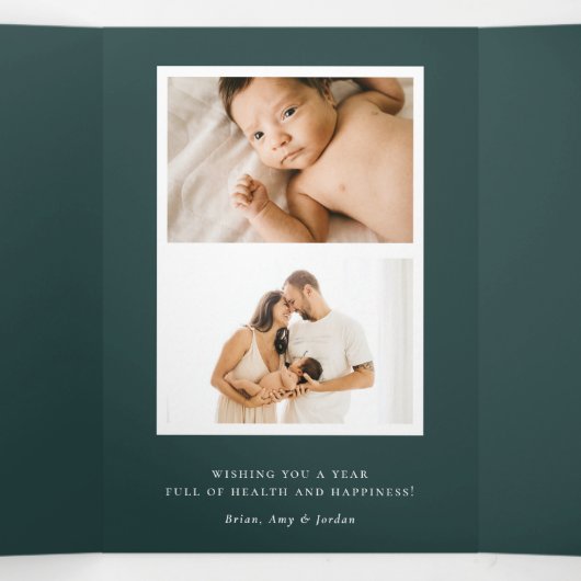 NOELエレガント金ゴールドウィンターベリーフレーム写真 三つ折りクリスマスカード (内部中)