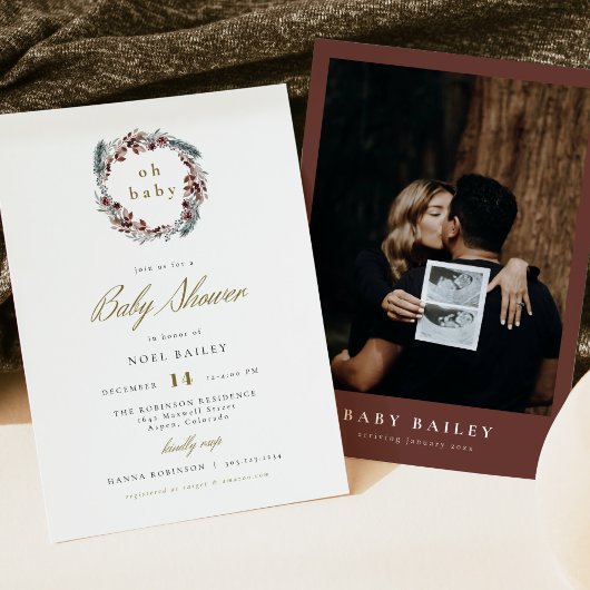 NOELクリスマスパイン素朴ウィンターベイビーシャワー 招待状