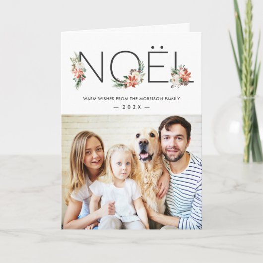 NOELタイポグラフィポインセチアフローラ写真クリスマス シーズンカード (正面)