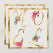 NOELレッド&金ゴールドホリーベリーポインセチア・クリスマス シーズンカード (正面/裏面)