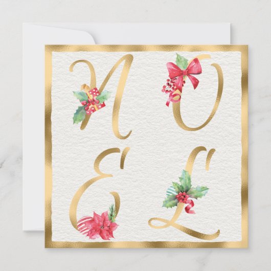 NOELレッド&金ゴールドホリーベリーポインセチア・クリスマス シーズンカード (正面)