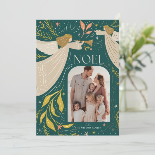 NOEL天使ティール（緑がかった色）2写真クリスマス シーズンカード (スタンド正面)