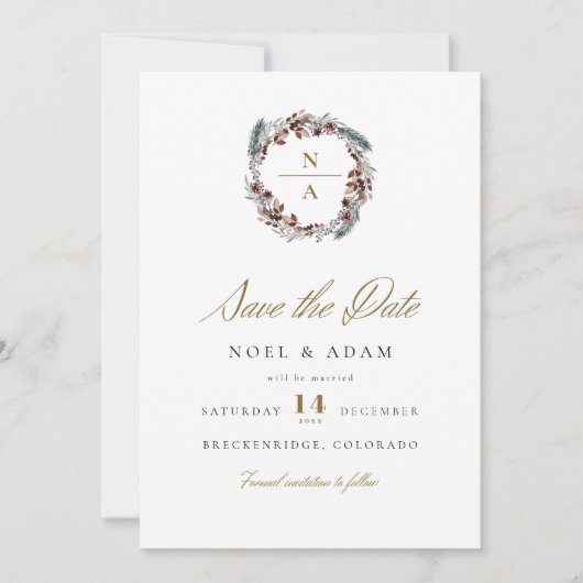 NOEL 素朴 Christmas Pine Winter Save the Date 招待状 (正面)