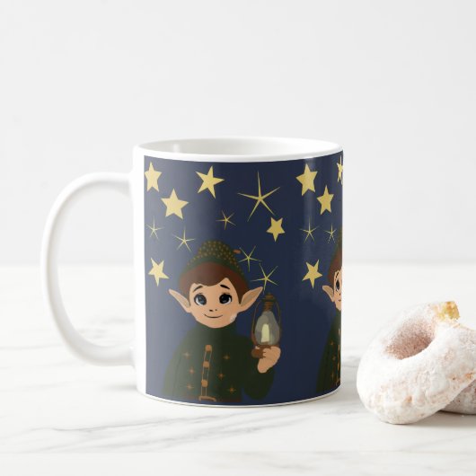 Noël Adorable Elfe et Nuit Étoilée Magique コーヒーマグカップ (ドーナツ)