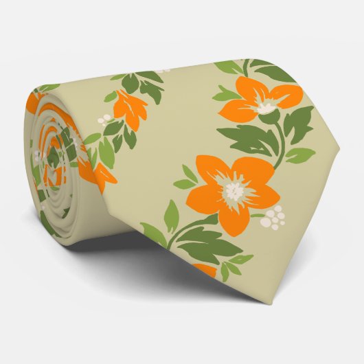 Noelaniのレイのカーキ色ハワイの花柄のストライプ ネクタイ (ロール)