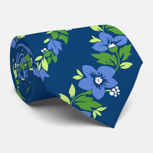 Noelaniのレイのハワイの花柄のストライプの青 ネクタイ (ロール)