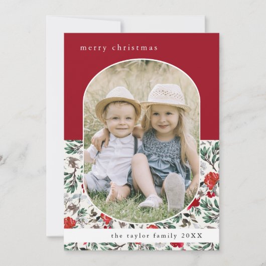 NOELLE赤い花のパターン家族の写真クリスマス シーズンカード (正面)