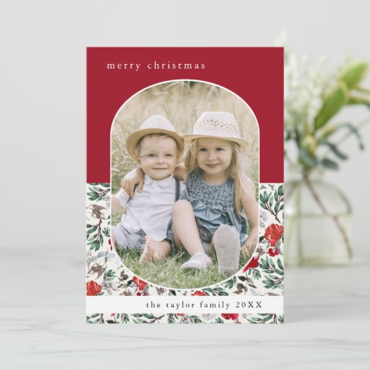 NOELLE赤い花のパターン家族の写真クリスマス シーズンカード (スタンド正面)