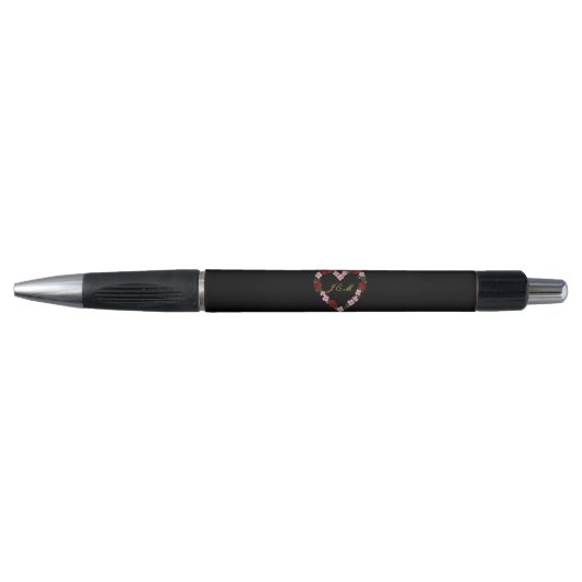 Noir avec un cœur floral rose et rouge ボールペン (正面)