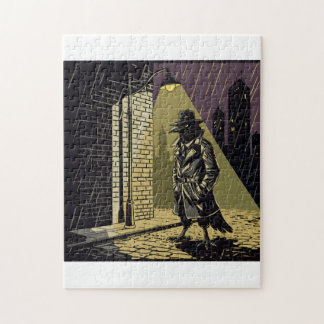 Noir Crow Detective in Rain Moody Comic Art Jigsaw ジグソーパズル