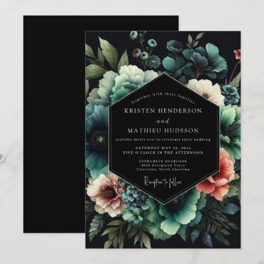 Noir Teal Bloom Wedding 招待状 (正面/裏面)
