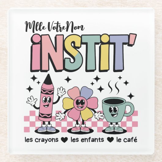 Nom Personnalisé Mignon Retro Pour Instit' ガラスコースター (正面)