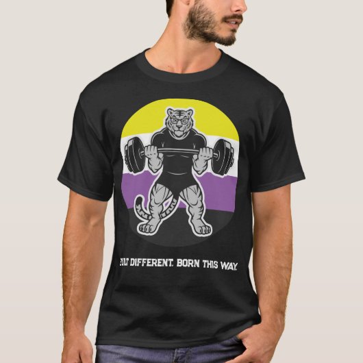 Nonbinary Pride Tiger Lifter Gym Tシャツ — 生まれながらに (正面)
