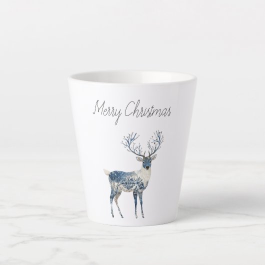 Nordic Blue White Deer Christmas カフェラテマグ (正面)