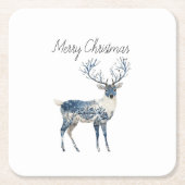 Nordic Blue White Deer Christmas スクエアペーパーコースター (正面)