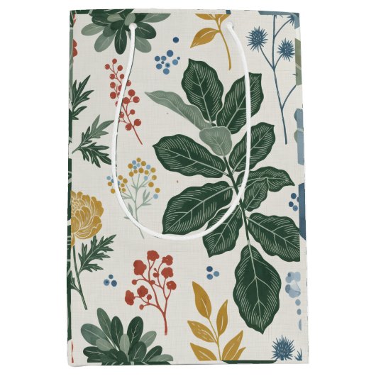 Nordic Botanical Floral and Leaf Pattern ミディアムペーパーバッグ (正面)