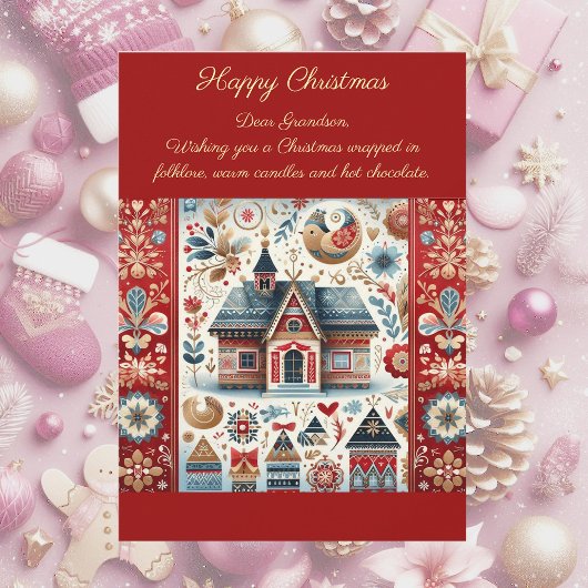 Nordic Christmas Cottage Scandinavian Village Red シーズンカード