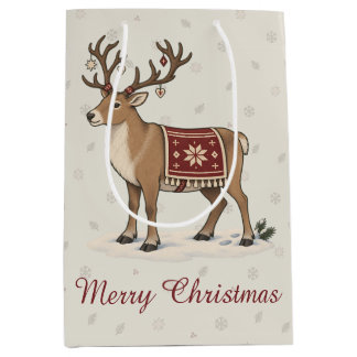 Nordic Christmas Deer with Folk Blanket Holiday ミディアムペーパーバッグ