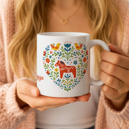 Nordic Folk Art Dala Horse Heart Pattern Mug コーヒーマグカップ