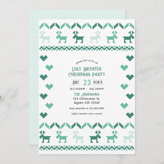 Nordic Mint Ugly Sweater Christmas Party 招待状 (正面/裏面)