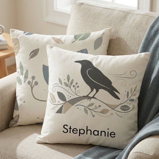 Nordic Raven Personalized Nature Lover Scandi Art クッション
